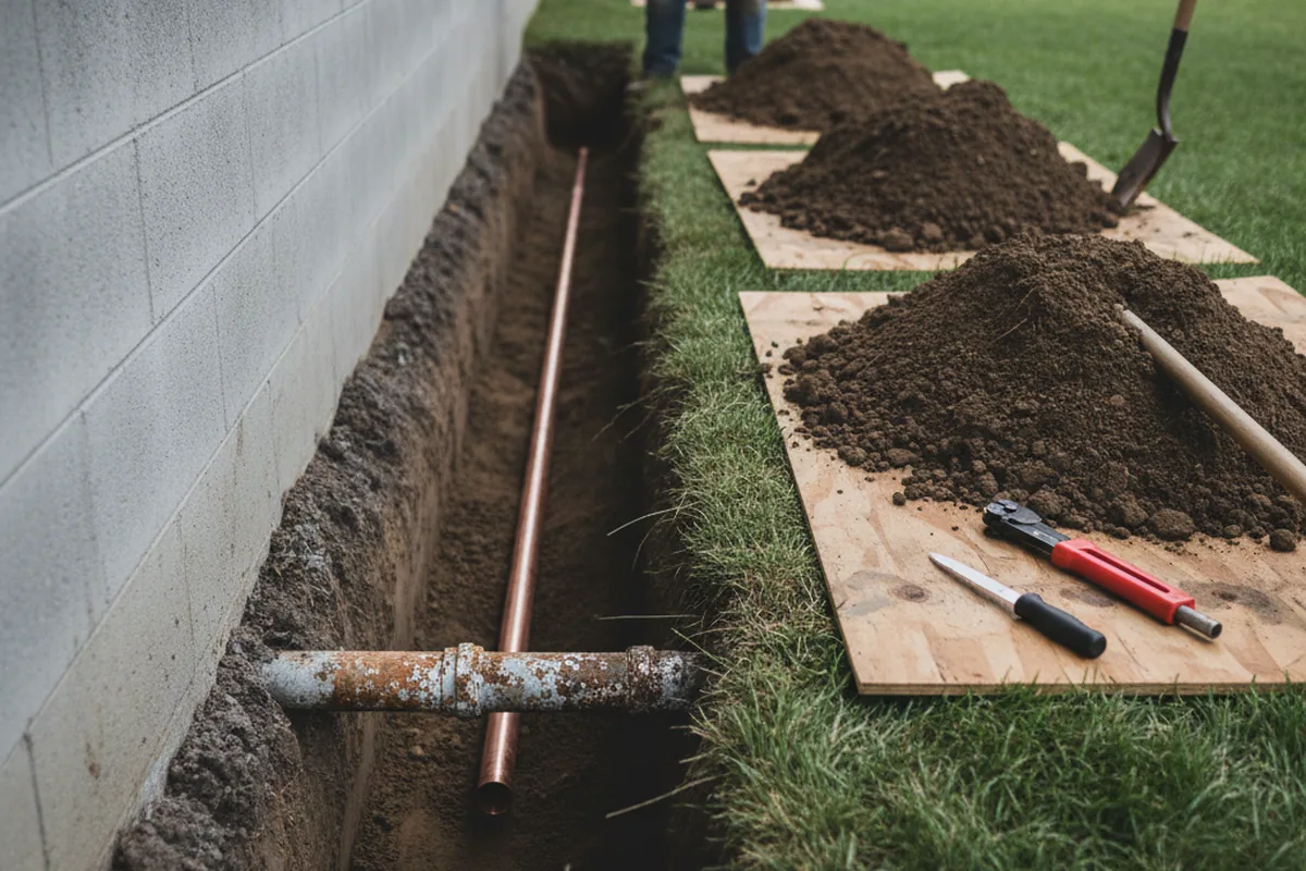 Excavated water line trench during Water Softener Installation in Mendon